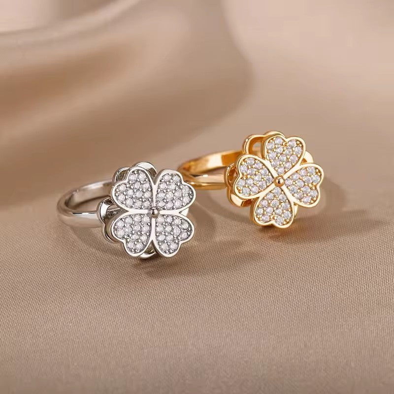 Zircon Rotatable Four Leaf Clover Rings